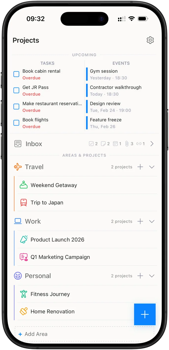 Brainee home screen with areas, projects, upcoming tasks and events